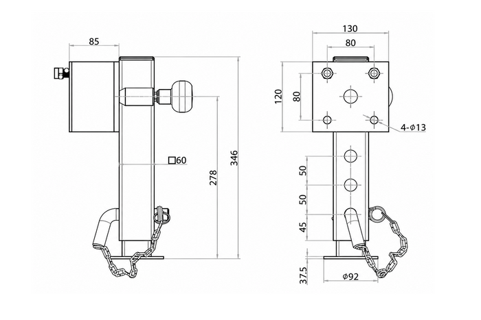 UNITRAILER JL1 utdragbart vevstöd för 1500 kg flaksläp 346-576 mm