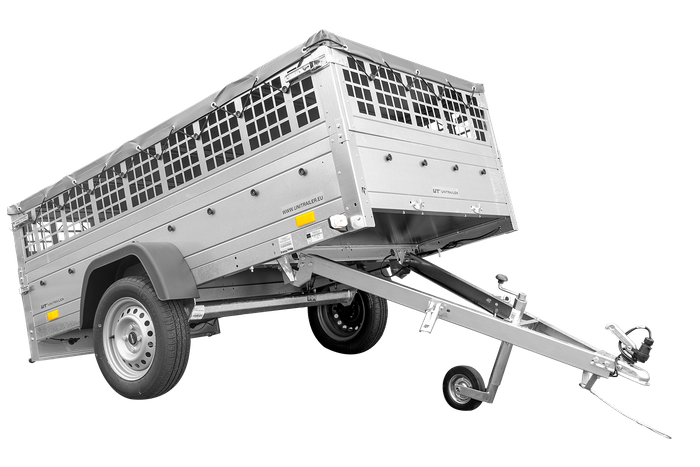 Tippvagn för personbil Unitrailer Garden Trailer 230 KIPP med stödhjul, nätsidor och grå platt kåpa på ram